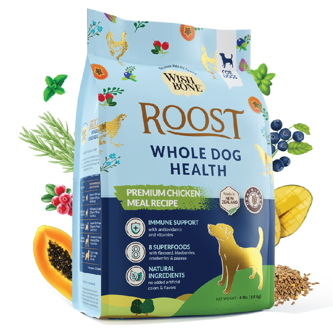 Wishbone Roost New Zealand Chicken Dry Dog Food, 4 lb bag, gluten-free and grain-free formula for muscle health, digestion, and overall wellness.