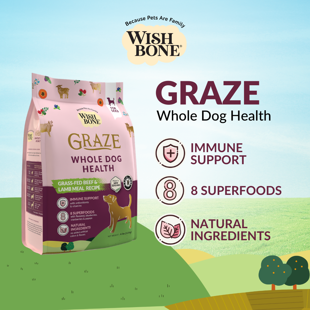 Buy Wishbone Graze New Zealand Beef & Lamb Dry Dog Food - 4 lb bag, gluten-free and grain-free formula with premium beef, lamb, and antioxidants.