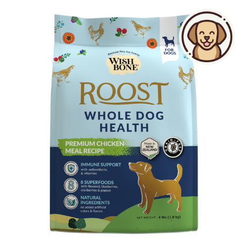 Wishbone Roost New Zealand Chicken Dry Dog Food, 4 lb bag, gluten-free and grain-free formula for muscle health, digestion, and overall wellness.