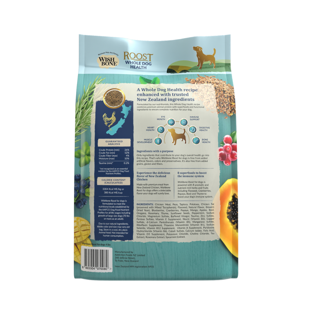 Wishbone Roost New Zealand Chicken Dry Dog Food, 4 lb bag, gluten-free and grain-free formula for muscle health, digestion, and overall wellness.