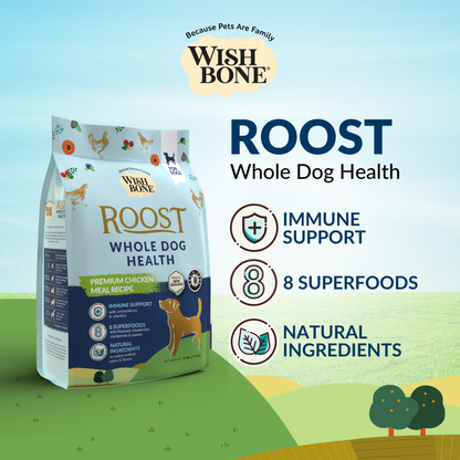 Wishbone Roost New Zealand Chicken Dry Dog Food, 4 lb bag, gluten-free and grain-free formula for muscle health, digestion, and overall wellness.
