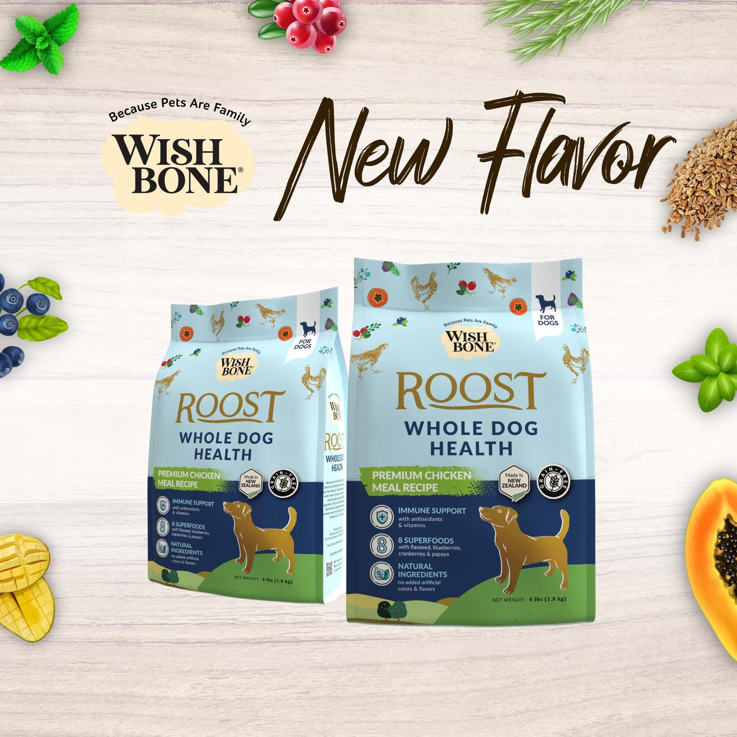 Wishbone Roost New Zealand Chicken Dry Dog Food, 4 lb bag, gluten-free and grain-free formula for muscle health, digestion, and overall wellness.