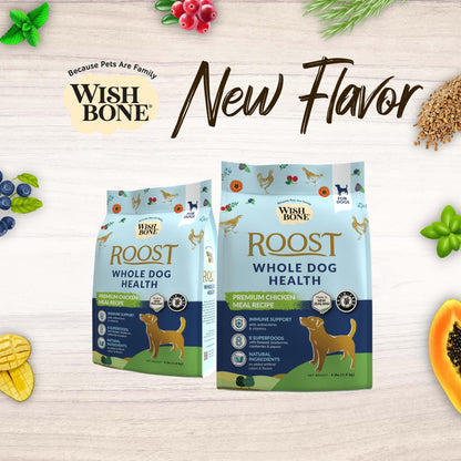Wishbone Roost New Zealand Chicken Dry Dog Food, 4 lb bag, gluten-free and grain-free formula for muscle health, digestion, and overall wellness.